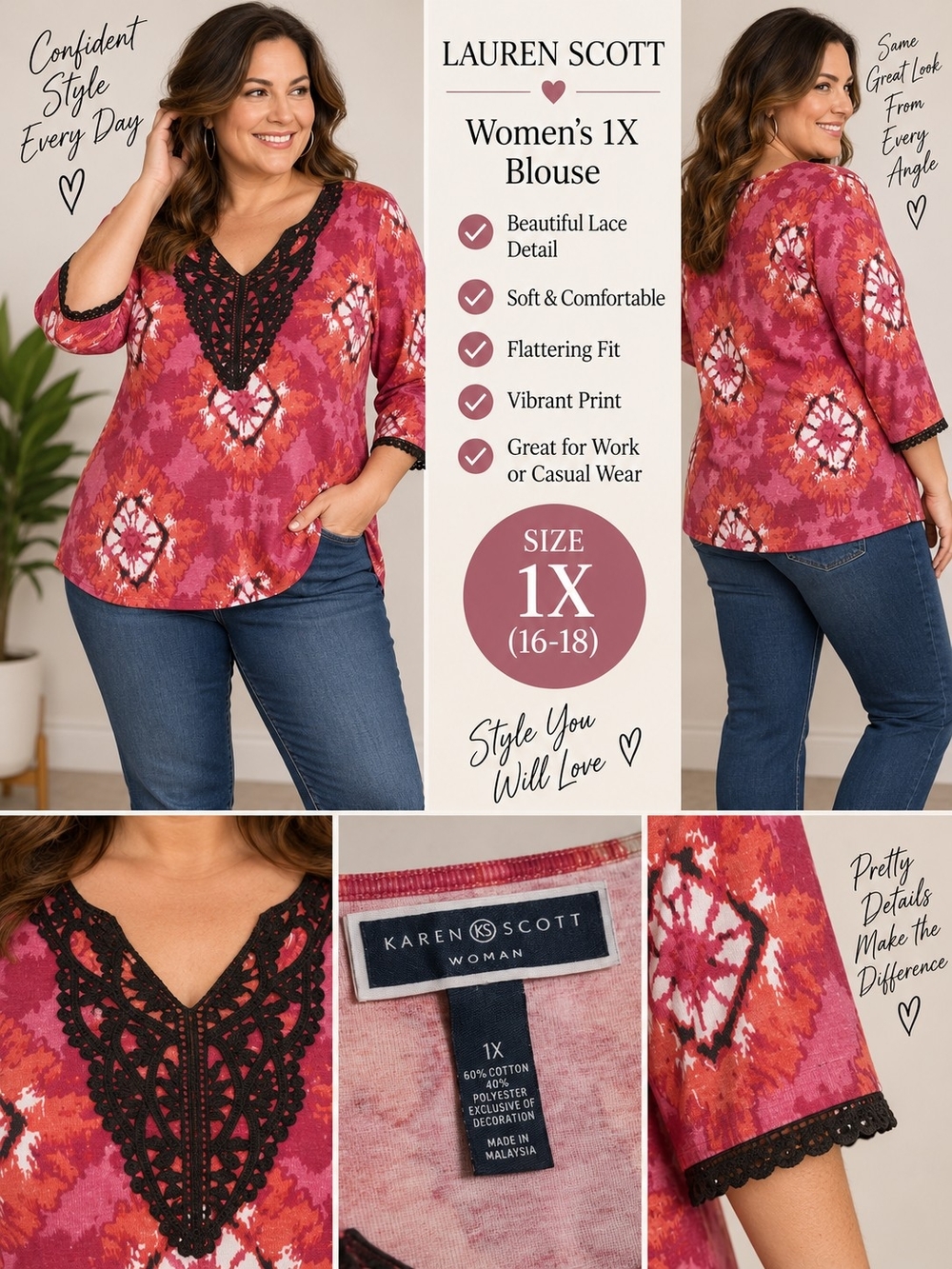 Karen Scott women's 1X pink lace designed Blouse #32
